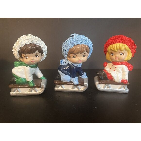 Vintage Kitsch Spaghetti Christmas Kid Village Decor Children Sled Mcm Set4 Lot - Picture 3 of 12